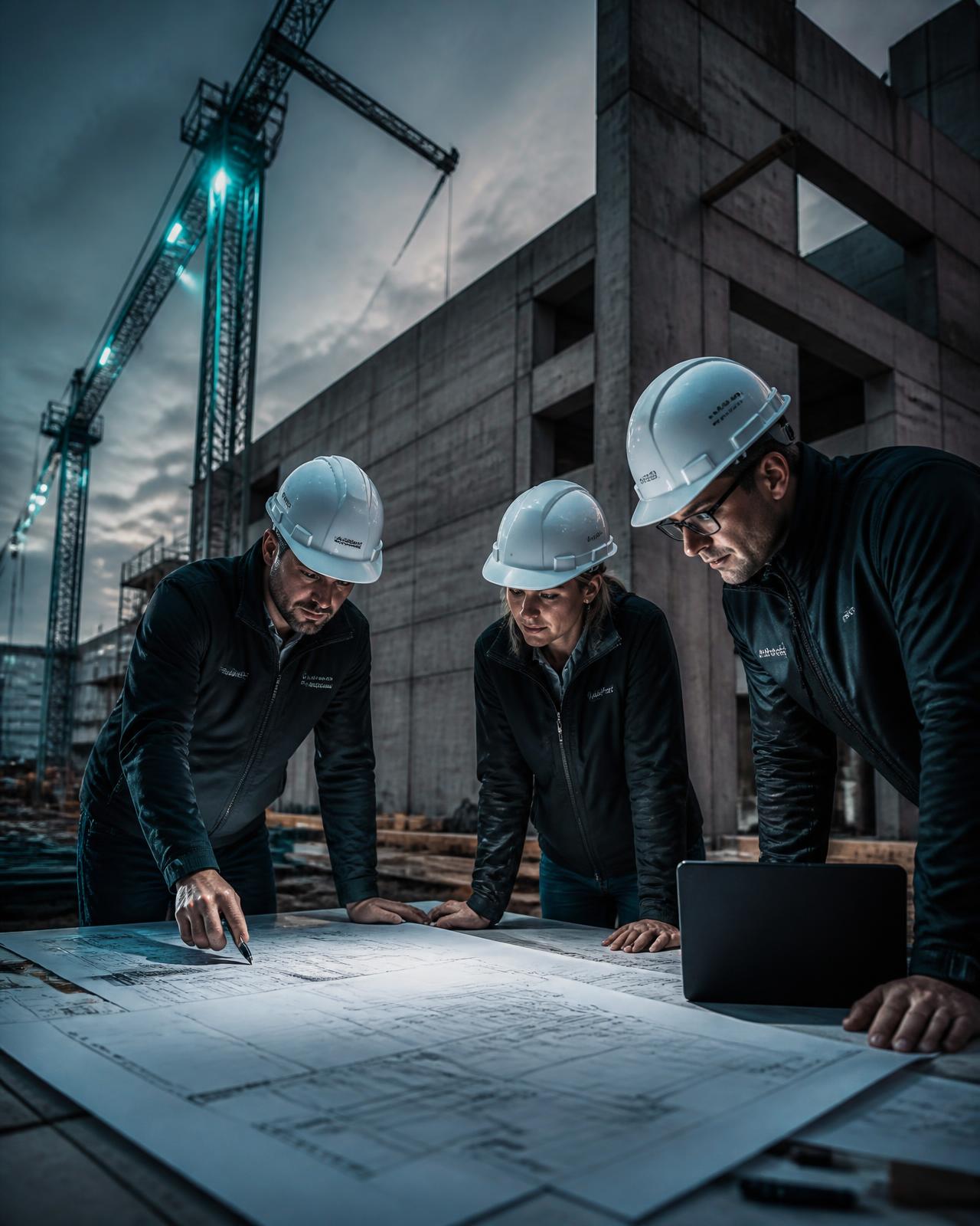 Nexora engineers reviewing structural drawings on a concrete construction site
